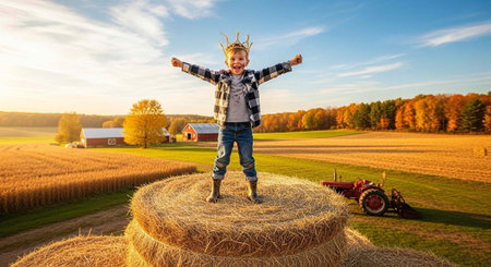 Joyful child with arms outstretched wearing a crown on a hay bale in a countryside setting with farm equipmentの写真素材