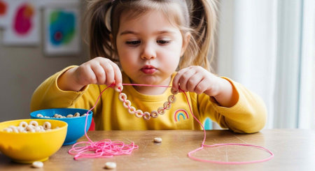 Young girl with blonde hair threading beads onto pink string at table with bowls and scattered beadsの写真素材