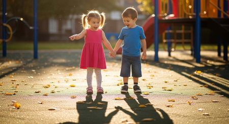 Two small children, a boy and a girl, walking hand in hand on a playground on a sunny day with leaves scattered aroundの写真素材