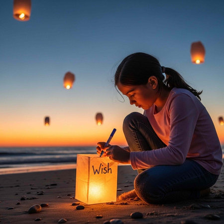 Young girl sitting on beach at sunset, writing on glowing lantern with floating lanterns in backgroundの写真素材
