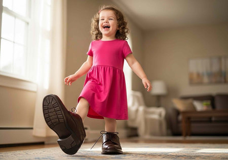 A young girl in a pink dress and oversized brown boots laughs playfully in a bright living roomの写真素材