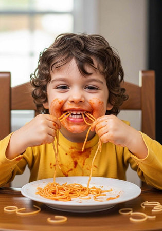 A young boy with curly hair enjoys spaghetti, tomato sauce all over his face and yellow shirt, smiling broadlyの写真素材