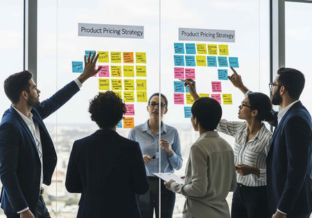 A group of business professionals engaged in a product pricing strategy meeting with sticky notes on a glass wallの写真素材