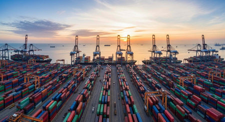 Aerial view of a bustling shipping port with cargo containers at sunsetの写真素材
