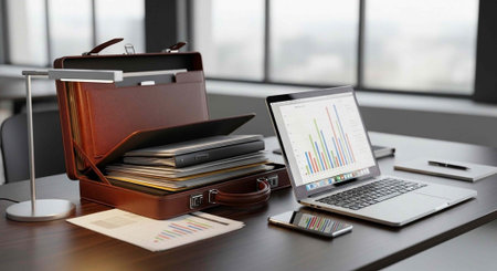 A modern office workspace with a laptop and briefcase on a desk in front of a windowの写真素材
