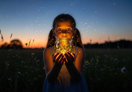 A young girl holding a jar of fireflies in a serene field at sunsetの写真素材