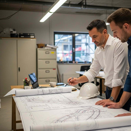 Two men in a modern office reviewing architectural blueprints and planning a construction projectの写真素材