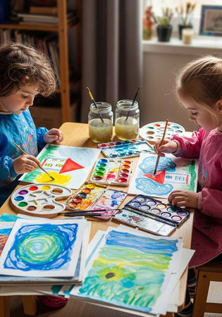 Two children, girl and toddler, engaged in creative activity with paintbrushes, watercolor paints, and paper on a wooden tableの写真素材