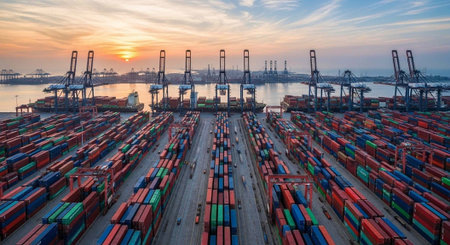 Aerial view of a bustling shipping port with colorful containers at sunsetの写真素材