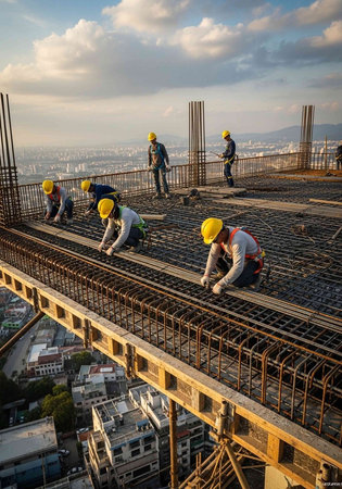 Workers in hard hats and vests on high-rise construction site, laying steel rebar framework with city view