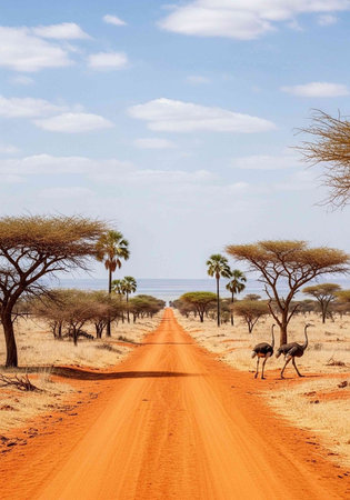A dirt road stretches into the distance, lined with trees and two ostriches, under a blue sky with white clouds.
