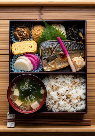 Japanese bento box containing rice, grilled fish, miso soup, and various side dishes on a bamboo mat