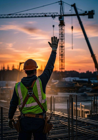 Man in hard hat and safety vest signals on construction site at dusk with crane in background
