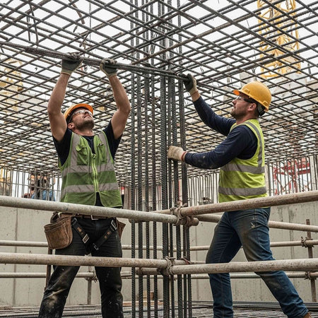 Two men in yellow hard hats and reflective vests work on a construction site, assembling metal framework with scaffolding.
