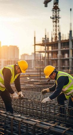 Two workers in yellow hard hats and reflective vests working on rebar framework at a construction site during sunset