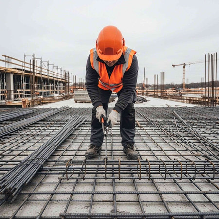 A construction worker in orange safety gear and hard hat works with rebar on a building site with a crane