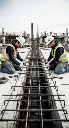 Two construction workers in hard hats and safety vests working on a rebar framework at a building site