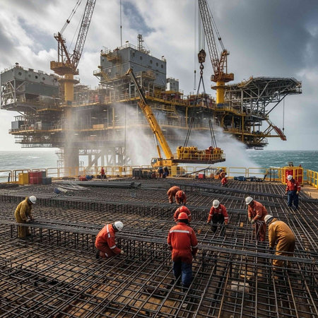 Construction workers in orange vests and hard hats building an offshore oil rig on a cloudy day
