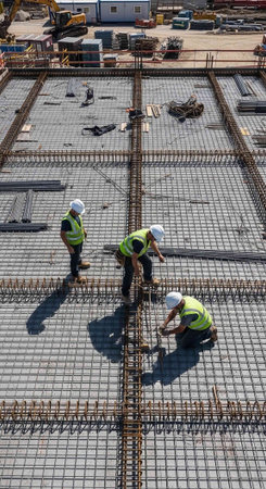 Aerial view of three construction workers on a building site with steel rebar grid and concrete foundation, wearing hard hats and vests