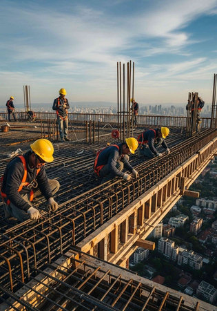 Workers in yellow hard hats and orange vests on high-rise construction site with steel rebar framework and city view