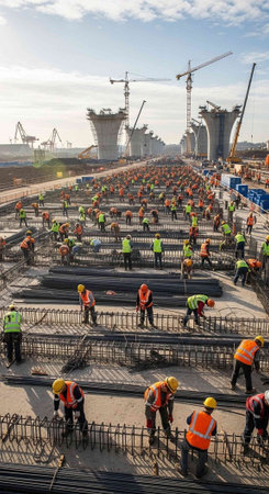 A bustling construction site with numerous workers in orange and green vests, yellow hard hats working with rebar and infrastructure