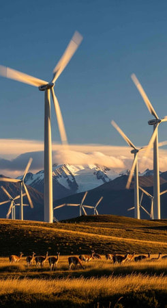 A serene landscape of wind turbines in a mountainous field with grazing deer under a clear blue sky