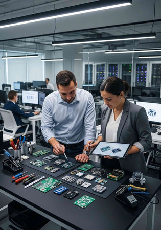 Front view of a diverse group of engineers working on electronics in a modern office
