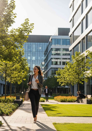 A young businesswoman walking confidently through a modern office park on a sunny day with green trees and buildings.