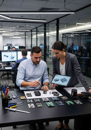Two professionals collaborating on a project in a modern office with technology and tools