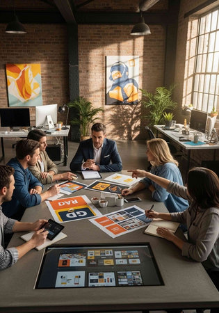 A group of diverse colleagues collaborating on a creative project in a modern office space with large windows