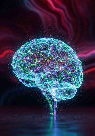 A vibrant digital illustration of a human brain with glowing neon connections and a dark background