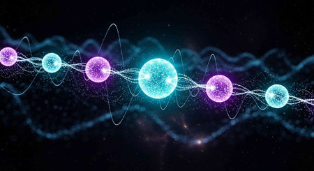 A vibrant illustration of atomic structures in space with glowing purple and blue orbs and orbiting electrons