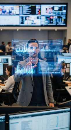 A businessman interacts with a futuristic digital interface in a modern office environment with multiple screens.