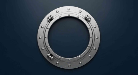 A metallic porthole window with rivets on a dark blue background