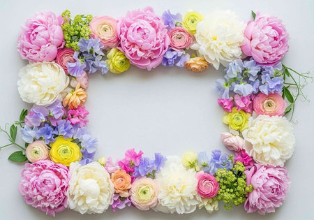 Flowers composition. Frame made of colorful flowers on white background. Flat lay, top view, copy space