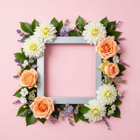 Flowers composition. Frame made of flowers on pastel pink background. Flat lay, top view, copy space