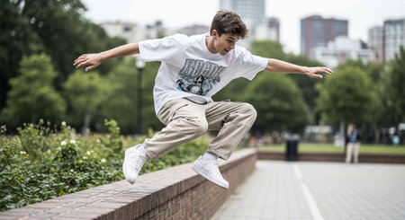 Teenager boy in a white T-shirt jumping in the park
