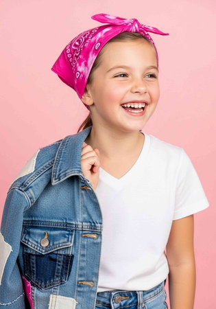 A young girl wearing a pink bandana and denim jacket against a pink background smiles cheerfully