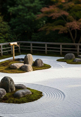 Japanese garden with stone lanterns and japanese zen garden