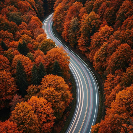 Aerial view of the road in the autumn forest. Top view