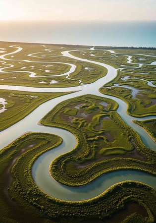 Aerial view of the river in the evening. Nature landscape.