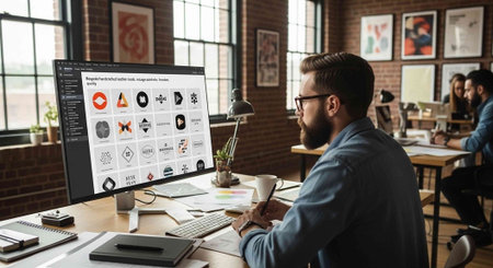 Businessman working on computer in modern office. Man using computer with infographics.