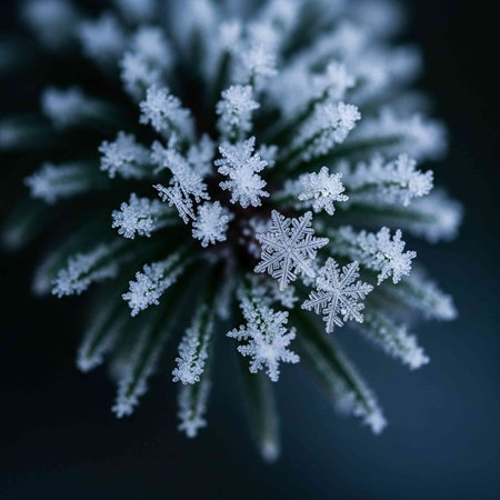 Snowflakes on a pine branch in the winter forest. Macro