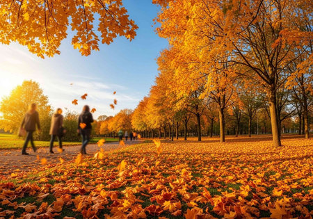 Autumn in the city park. People walking in the autumn park