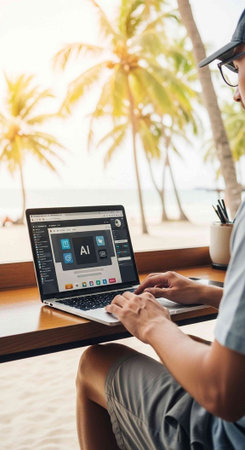 Man working on laptop on the beach in the morning. Freelance concept.
