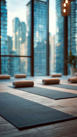 Yoga mat in a modern yoga studio with skyscrapers in the background