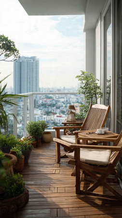 Outdoor patio with wooden chairs and table on terrace with city view