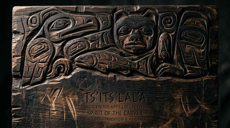 A wooden carving depicting indigenous art and tradition, showcasing a face and intricate designs.