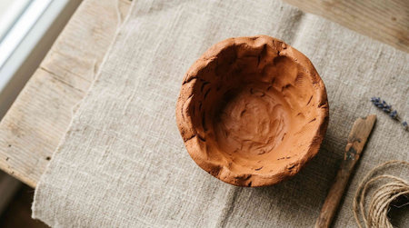 Ceramic bowl on rustic wooden table, closeup