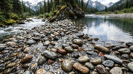 Mountain river with stones and reflections in the water. Altai, Russia